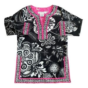 Gretchen Scott Black White & Pink Fish and Seashell Print 3/4 Sleeve Tunic Small